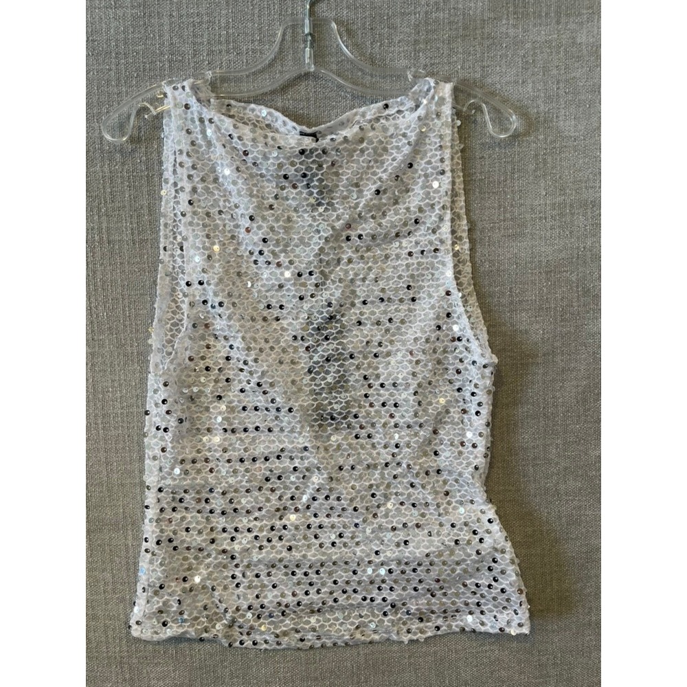 Motel Dudley Vest Top Sequin Knit Silver White Cowl Neck Tank Small NEW